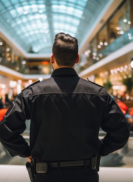 Agent de sécurité en uniforme noir regardant dans un centre commercial animé. Debout, mains sur les hanches, en surveillance.