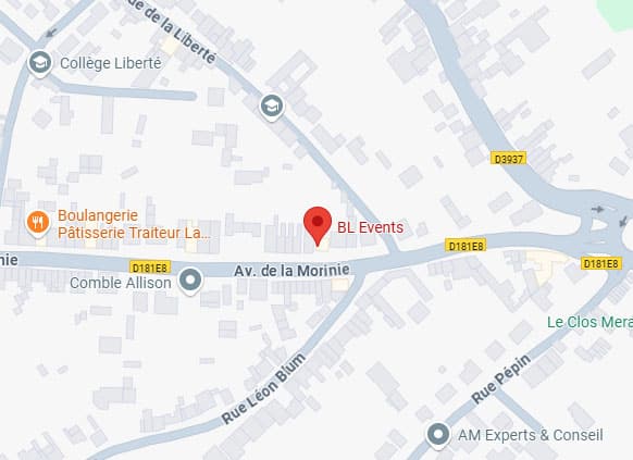 Carte d'Av. de la Morinie indiquant l'emplacement de BL Events. Proche de Collège Liberté, Boulangerie, Rue Léon Blum, D181E8.